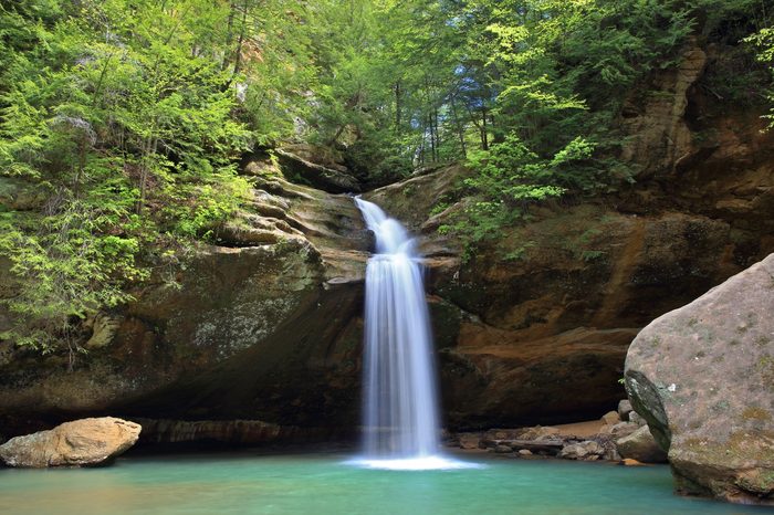 A panoramic view of the beautiful lower falls at Old man's Cave in Hocking Hills State Park, Ohio.