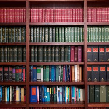 Books sit neatly on wooden shelves, organized by color and size, in a library setting.