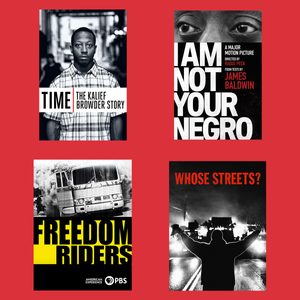 Four documentary posters on a red background, each with bold titles: 