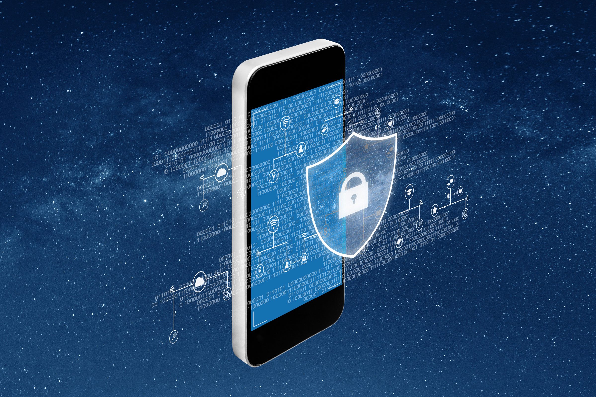 A smartphone displays a digital shield with a padlock, surrounded by binary code and technology icons, set against a starry night sky.