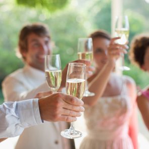 People raise champagne glasses in a celebratory toast, smiling, in a bright, green outdoor setting.