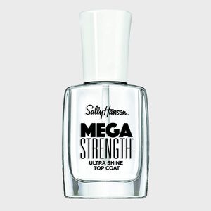 Clear nail polish bottle labeled 