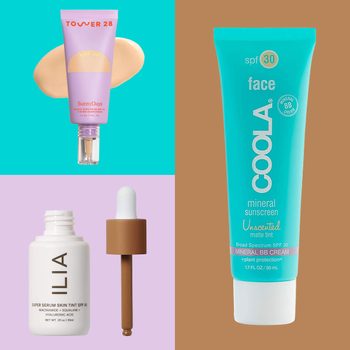 Three skincare products are displayed: a purple tube of Tower 28, a turquoise tube of Coola, and a white bottle with a dropper labeled Ilia.