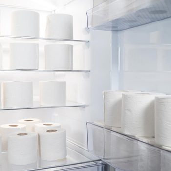 Toilet paper rolls sit neatly on shelves inside an open refrigerator, with bright interior lighting illuminating the scene.