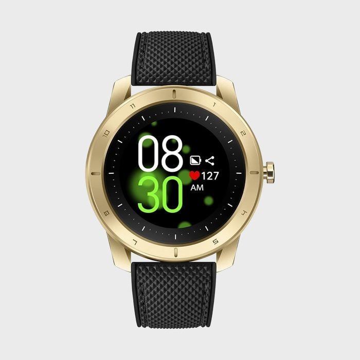 Gold smartwatch displays 08:30 AM, heart rate 127 bpm, email, and share icons; has a black textured strap against a plain gray background.