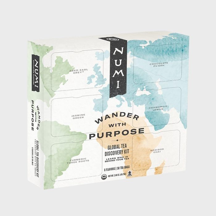 Box contains tea bags, displaying map design, and text: 