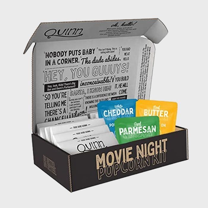Popcorn kit includes seasoning packets in an open box labeled 