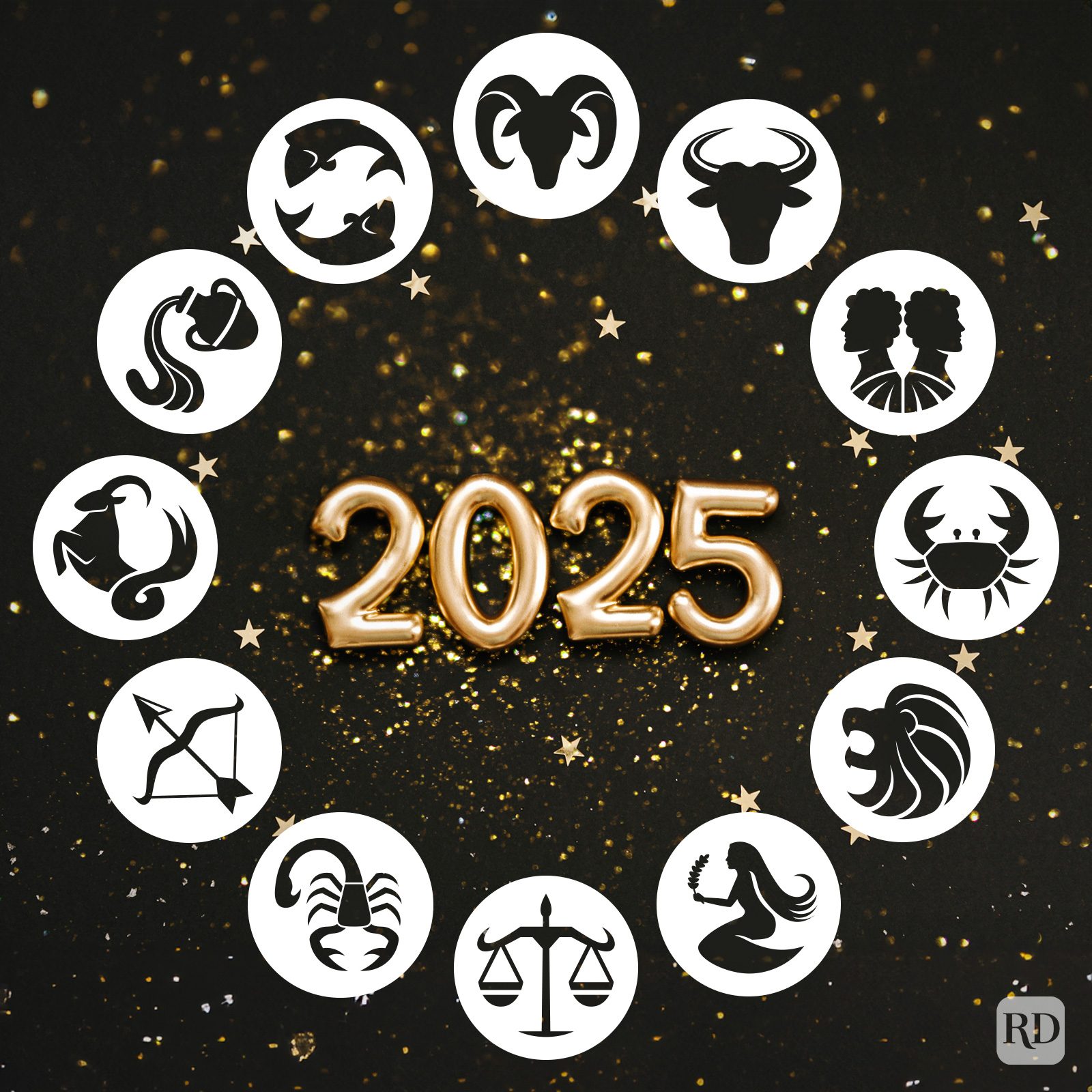 Gold "2025" centered, surrounded by zodiac symbols in white circles on a black background with scattered gold stars.